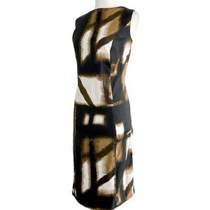 Venus Sleeveless Boat Neck Brown Geometric Pattern Woven Sheath Dress Size 10